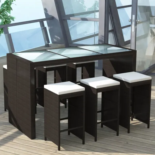 vidaXL 7-delige tuinbarset met kussens poly rattan bruin