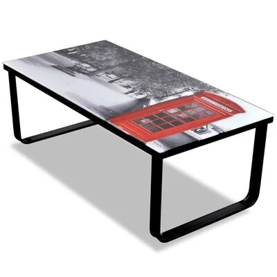 Salontafel met telefooncelprint en glazen blad