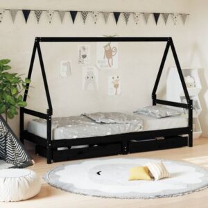 Kinderbedframe met lades zwart 90x200 cm massief grenenhout