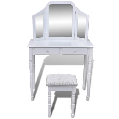 Kaptafel met 3-in-1 spiegel en kruk 2 lades wit