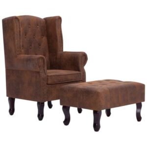 Chesterfield fauteuil met voetenbankje bruin imitatie suède