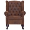 Chesterfield fauteuil met voetenbankje bruin imitatie suède - Afbeelding 3