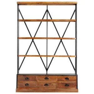 Boekenkast met 4 lagen en 6 lades 122x36x181 cm massief mangohout