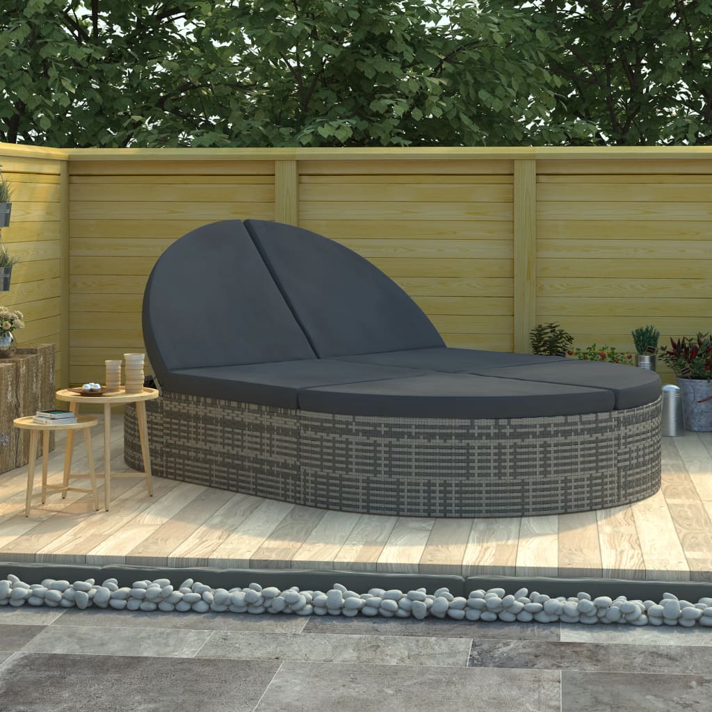 Ligbed voor 2 personen met kussens poly rattan grijs