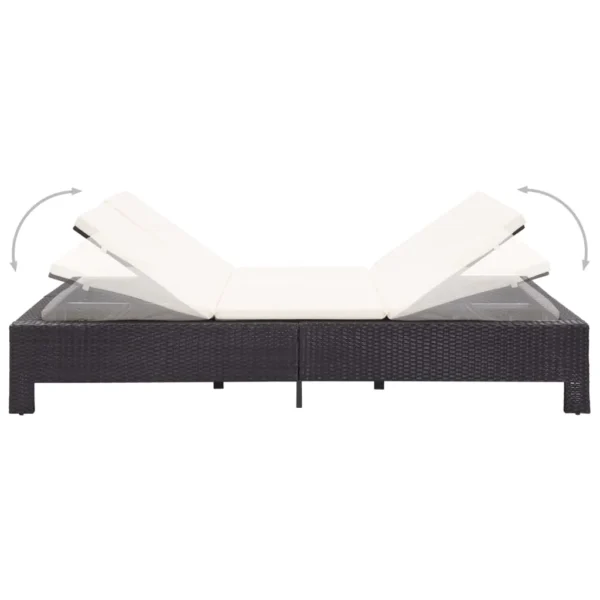 2-persoons zonnebed met kussen zwart poly rattan - Afbeelding 3
