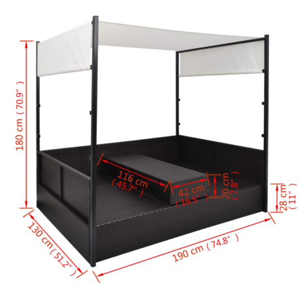 Tuinbed met luifel zwart 190x130 cm poly rattan - Afbeelding 2